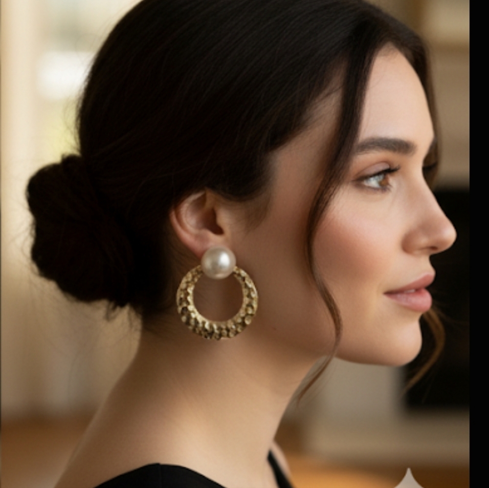 Bold Gold Hoop & Pearl Stud Earrings BY D’Bello – Statement Elegance NWT DD - Picture 2 of 8